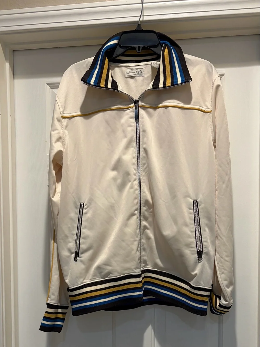 Eighty Eight Cream Track Jacket with Blue, Navy & Gold Stripe Trim